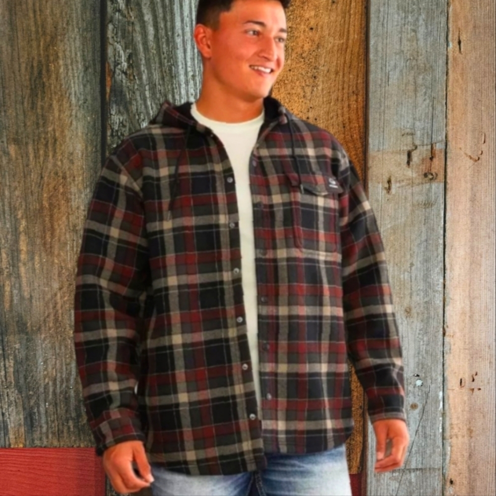 Wolverine Bucksaw Bonded plaid black/tan/ burgundy warm Shirt Jacket men's sz L